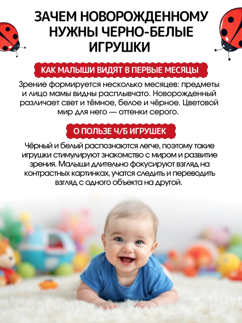 Чёрно-белый набор Монтессори 5 в 1 для новорожденных — фото 3