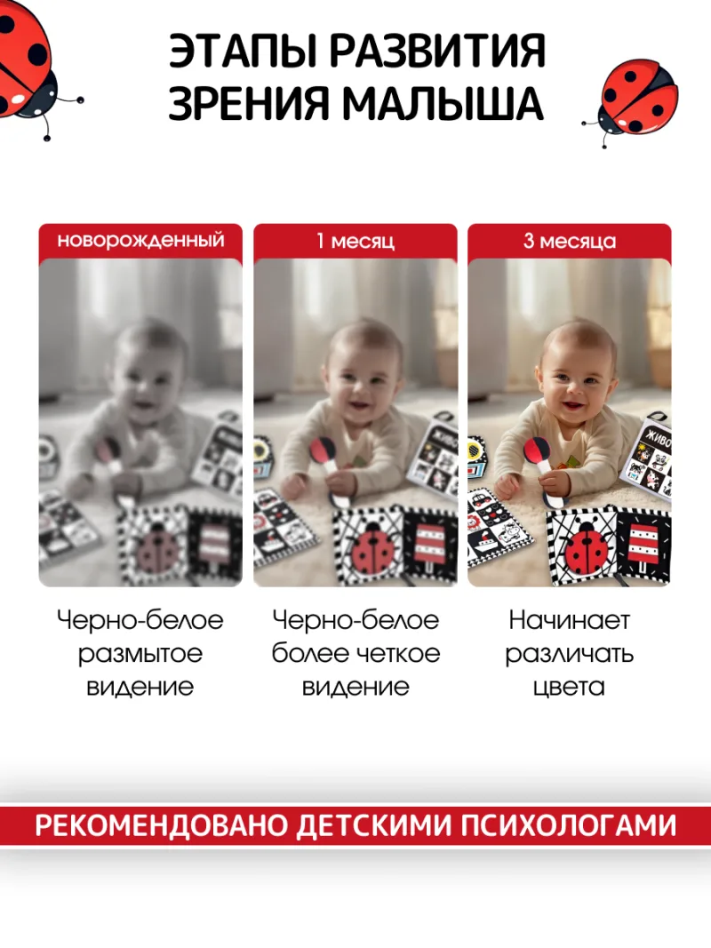 Чёрно-белый набор Монтессори 5 в 1 для новорожденных — фото 6