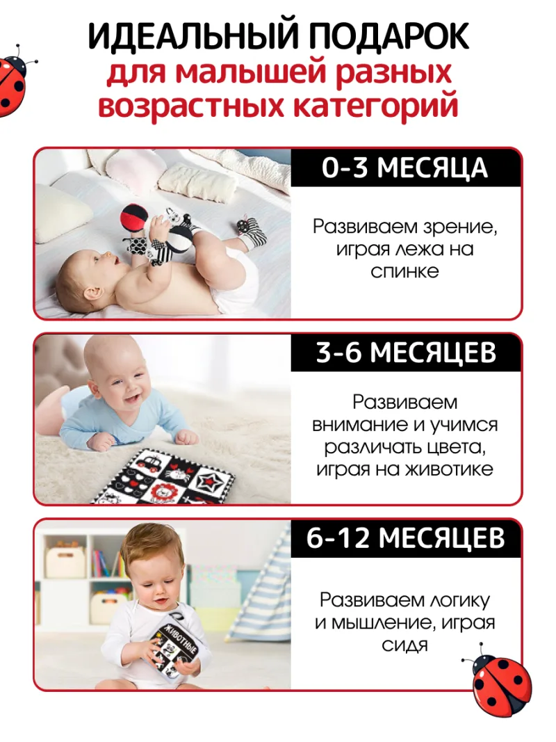 Чёрно-белый набор Монтессори 5 в 1 для новорожденных — фото 7