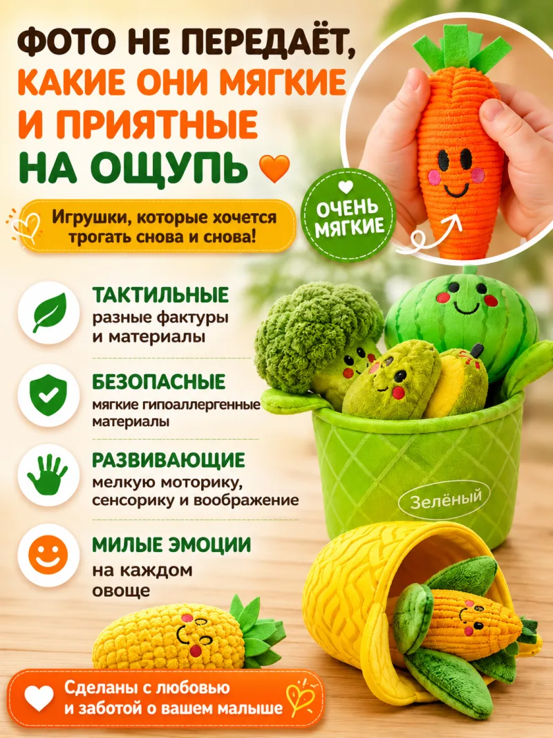 Сортер овощи и фрукты, тактильный набор Монтессори — фото 2